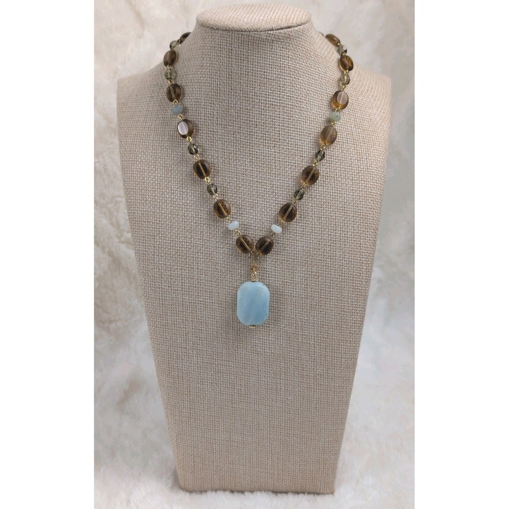 Lia Sophia Necklace Blue Pendant Gold Tone Smoky Crystal Beaded Adjustable